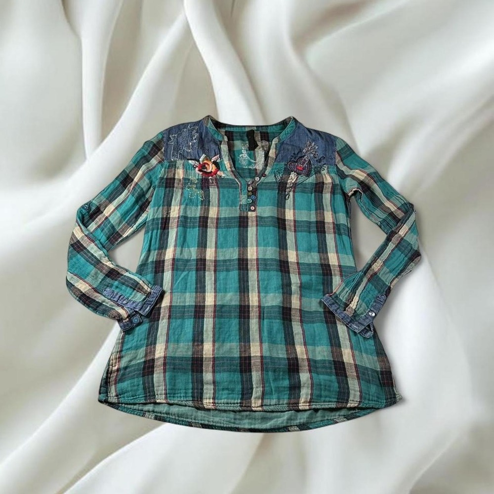 Desigual teal plaid henley tunic embroidered flower detail y2k euro fairy
